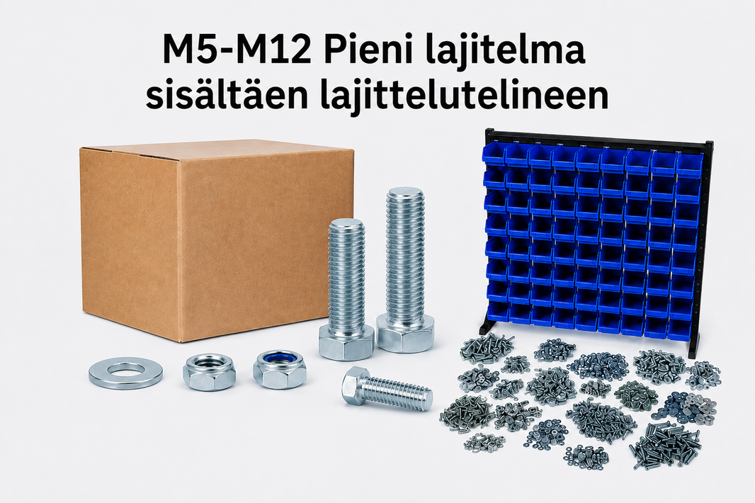 M5–M12 Pieni pulttilajitelma – täys- ja osakierteiset, 8.8 – sisältää 36-lokeroisen pulttilajitelmatelineen