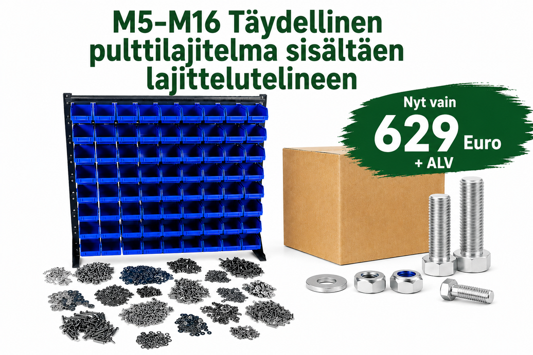M5–M16 Täydellinen pulttilajitelma – sisältää 36-lokeroisen pulttilajitelmatelineen – täys- ja osakierteiset