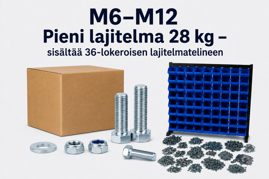 M6–M12 Pieni lajitelma 28 kg – sisältää 36-lokeroisen lajitelmatelineen