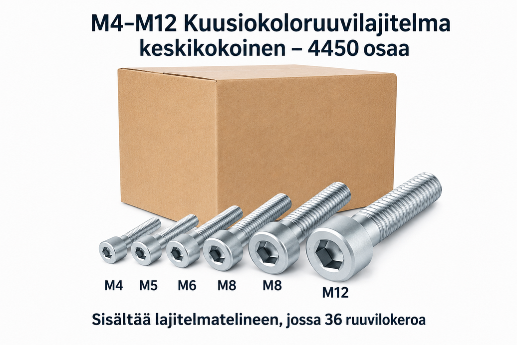 M4–M12 Keskikokoinen kuusiokoloruuvilajitelma – 35 kg – sisältää 36-lokeroisen pulttilajitelmatelineen