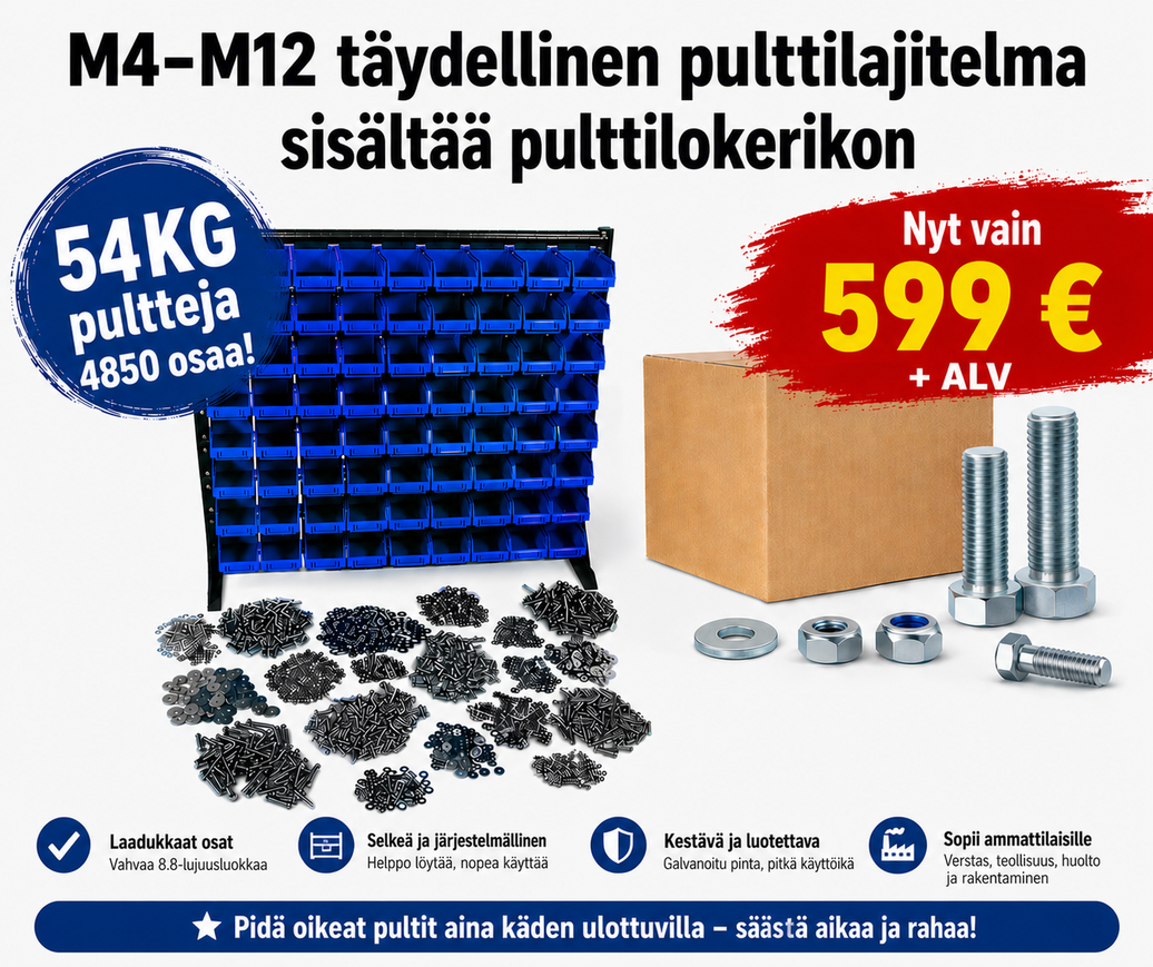 M4–M12 Pulttilajitelma – täys- ja osakierteiset – 4 850 osaa – 54 kg – sisältää 36-lokeroisen lajitelmatelineen