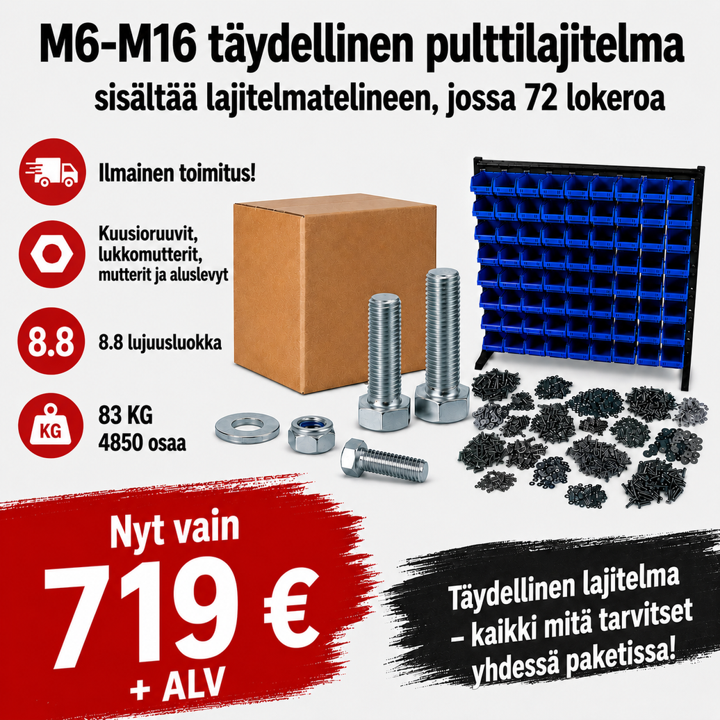 M6–M16 Pulttilajitelma 83 kg – 4 850 osaa – täys- ja osakierteiset – sisältää 72-lokeroisen lajitelmatelineen