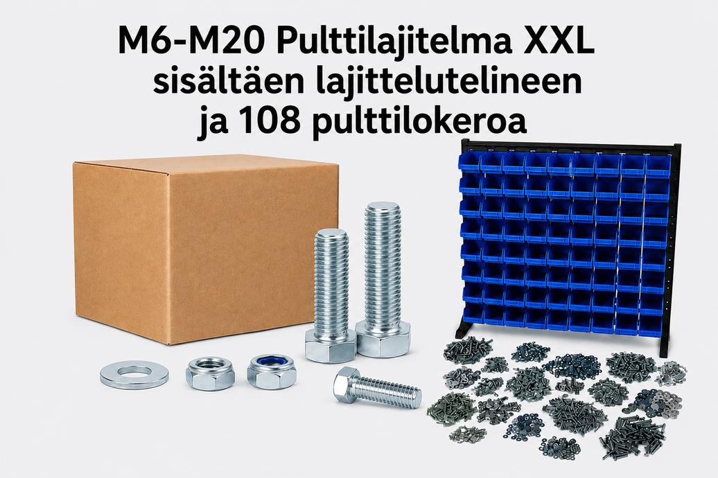 M6–M20 Täydellinen XXL-pulttilajitelma 120 KG!! – sisältää 108-lokeroisen lajitelmatelineen