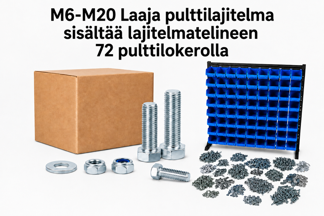 M6–M20-pulttilajitelma – Sisältää 72-lokeroisen säilytystelineen – 95 kg!